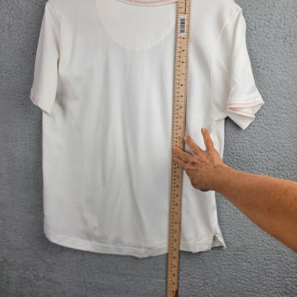 Liz Golf Polo Shirt Womens L Cream Pink Trim Silver Logo Buttons Embroidered - Picture 9 of 13